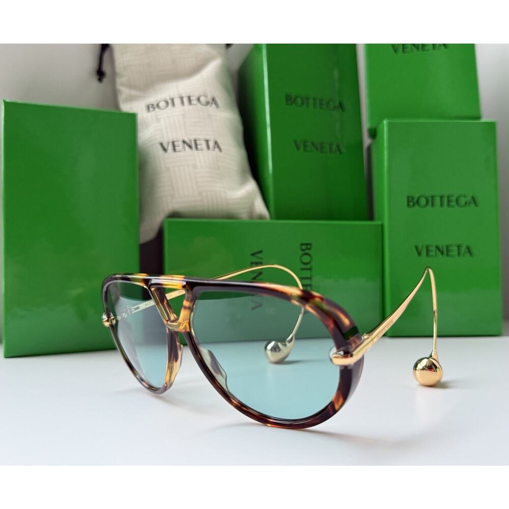 BOTTEGA VENETA BV1273S 007 Havana Gold Green Acqua Earrings Sunglasses AUTHENTIC